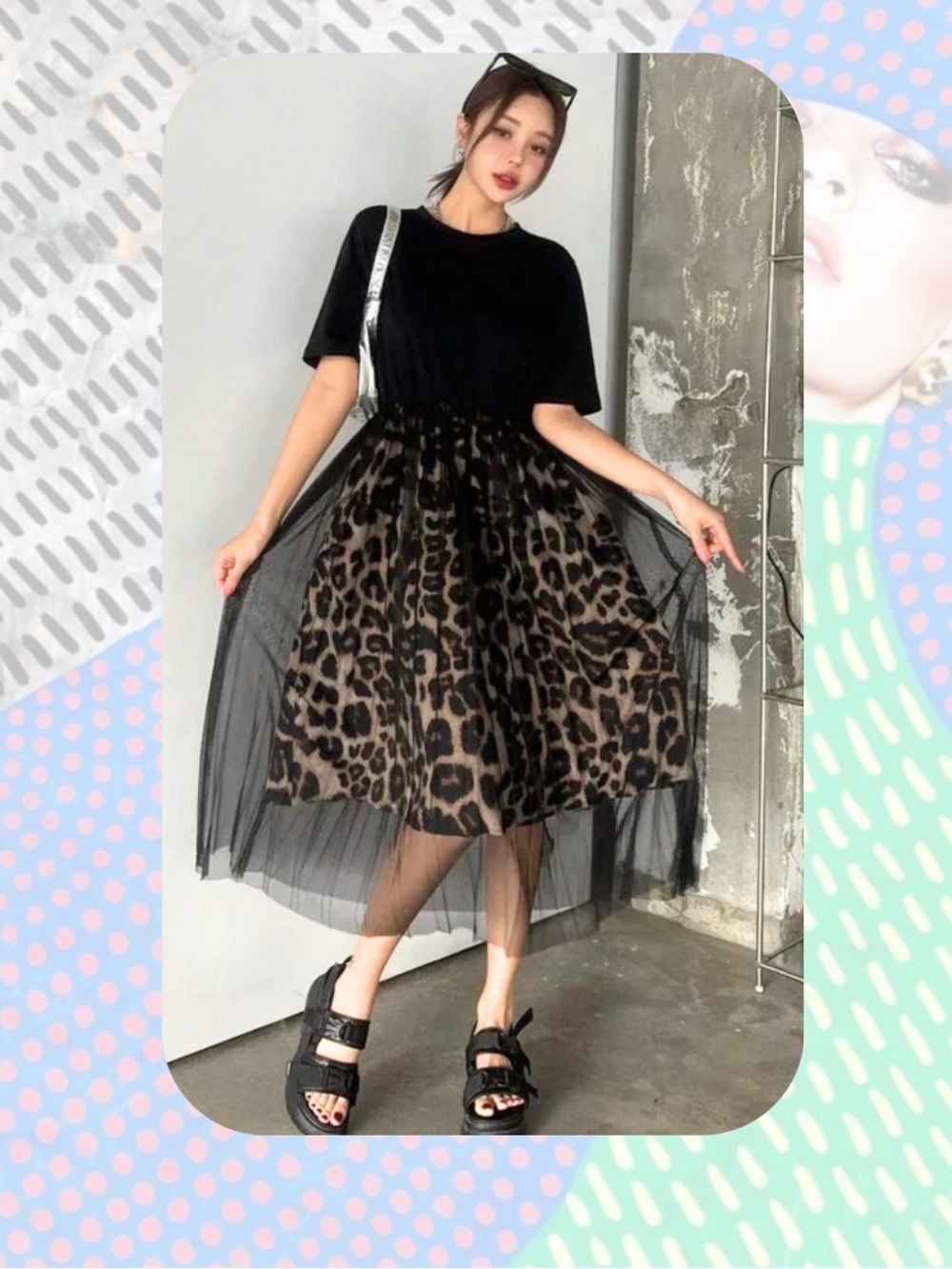 🎉DAZY Black Tulle Overlay Short Sleeve Leopard Print Midi Dress - Picture 7 of 16